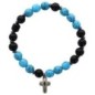 Bracelet dizainier sur élastique grains ronds en turquoise synthétique marbr2 & Jade noir Ø 8 mm et croix. Plusieurs couleurs